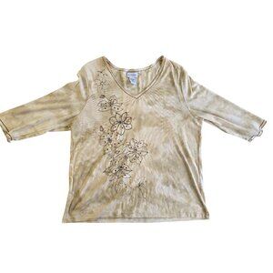 Avenue Womens 3/4 Sleeve Floral Embroidered Beige Top Size 18/20 Polyester Blend